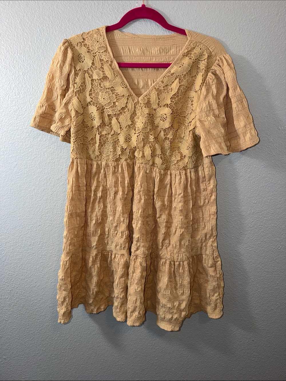 Country Lace Yoke Short Sleeve Tiered Dress
